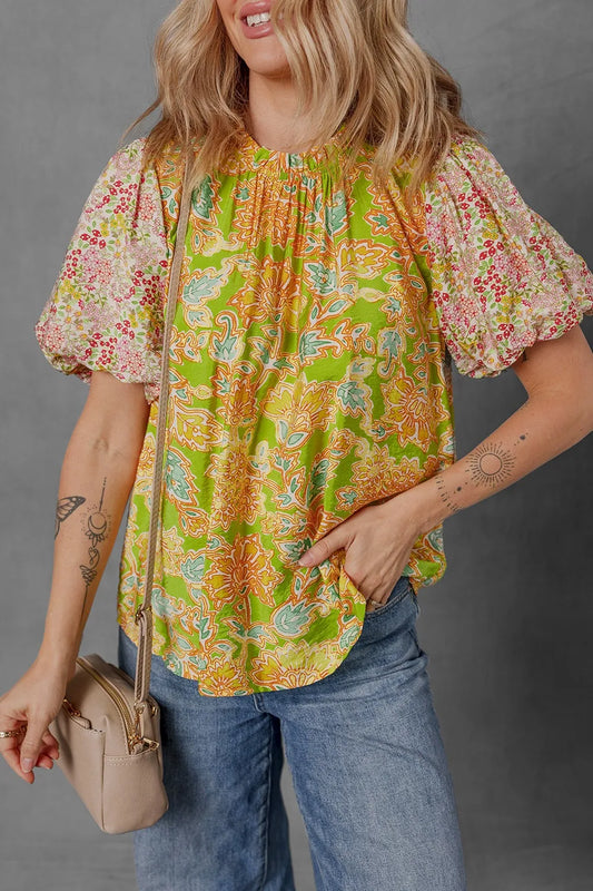 Multicolour Printed Contrast Bubble Sleeve Patchwork Blouse Floral