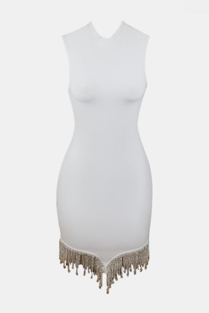 Rhinestone Tassel Hem Bodycon Dress White