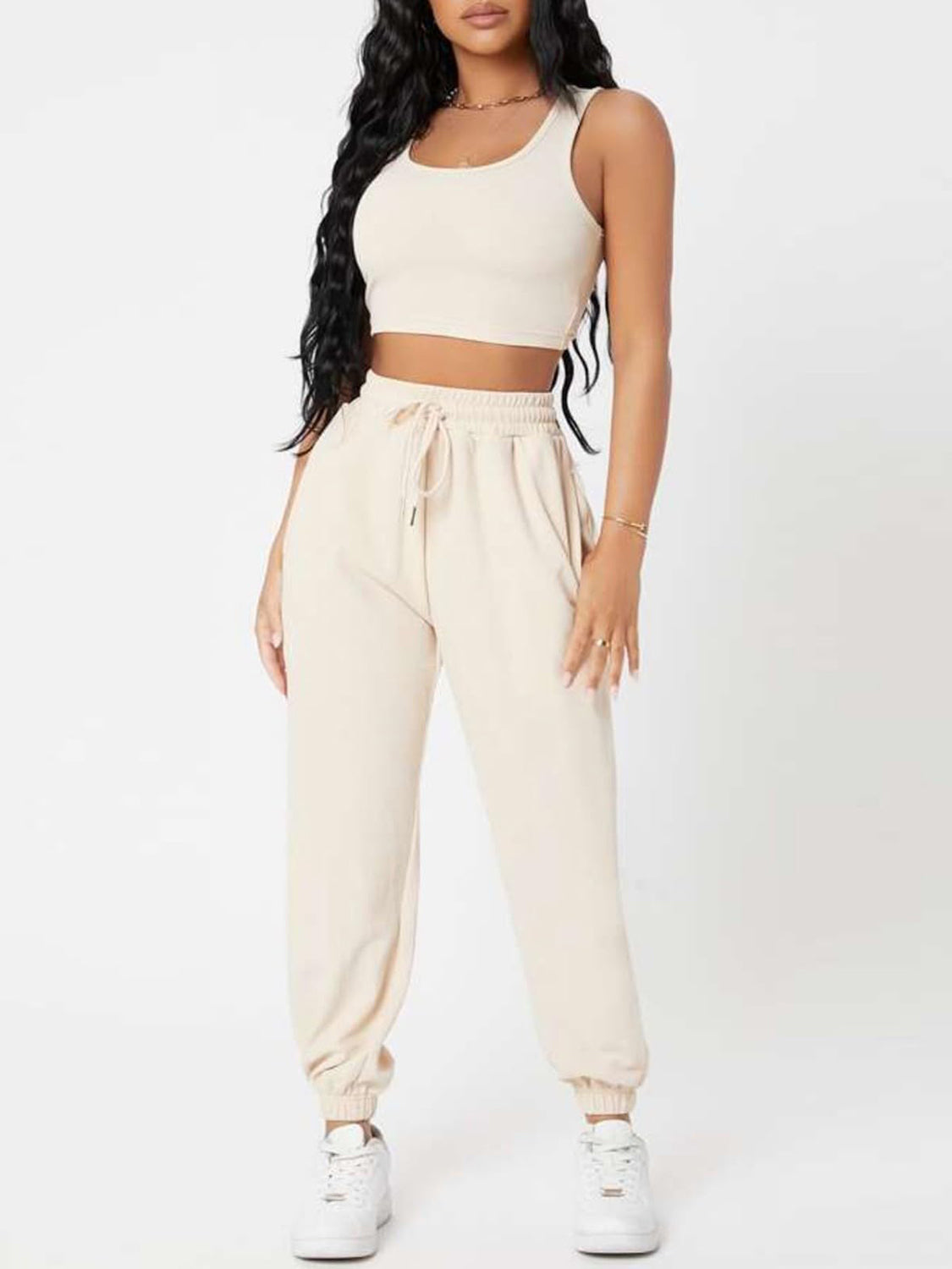 Wide Strap Top and Drawstring Joggers Set Cream