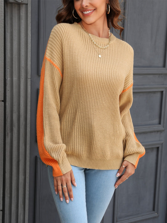 Angel Wings Contrast Round Neck Dropped Shoulder Sweater Camel