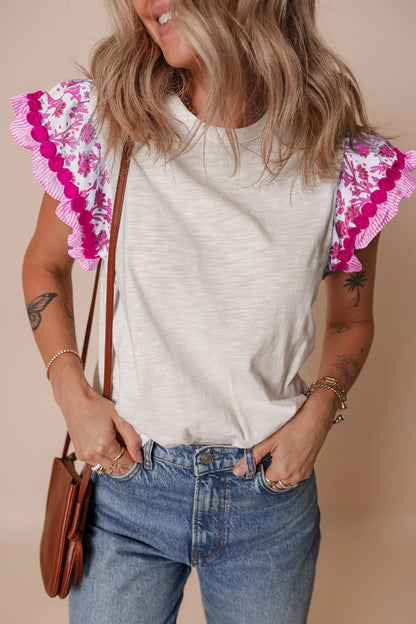 Ruffled Round Neck Cap Sleeve Blouse Fuchsia Pink