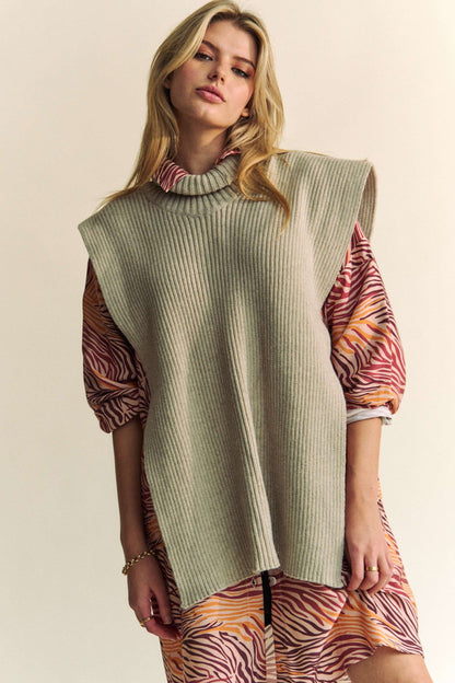 Davi & Dani Side Split Turtleneck Sleeveless Knit Top Oatmeal