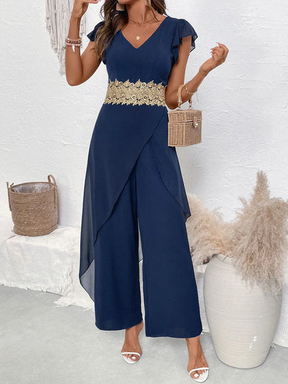 V-Neck Wide Leg Jumpsuit Blue