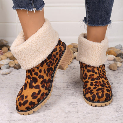 Leopard Block Heel Fuzzy Boots Caramel