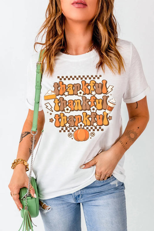THANKFUL Round Neck Short Sleeve T-Shirt White