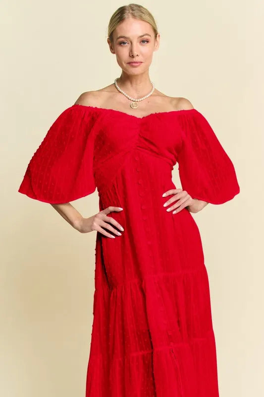 Davi & Dani Swiss Dotted Ruched Ruffle Open Back Midi Dress Red