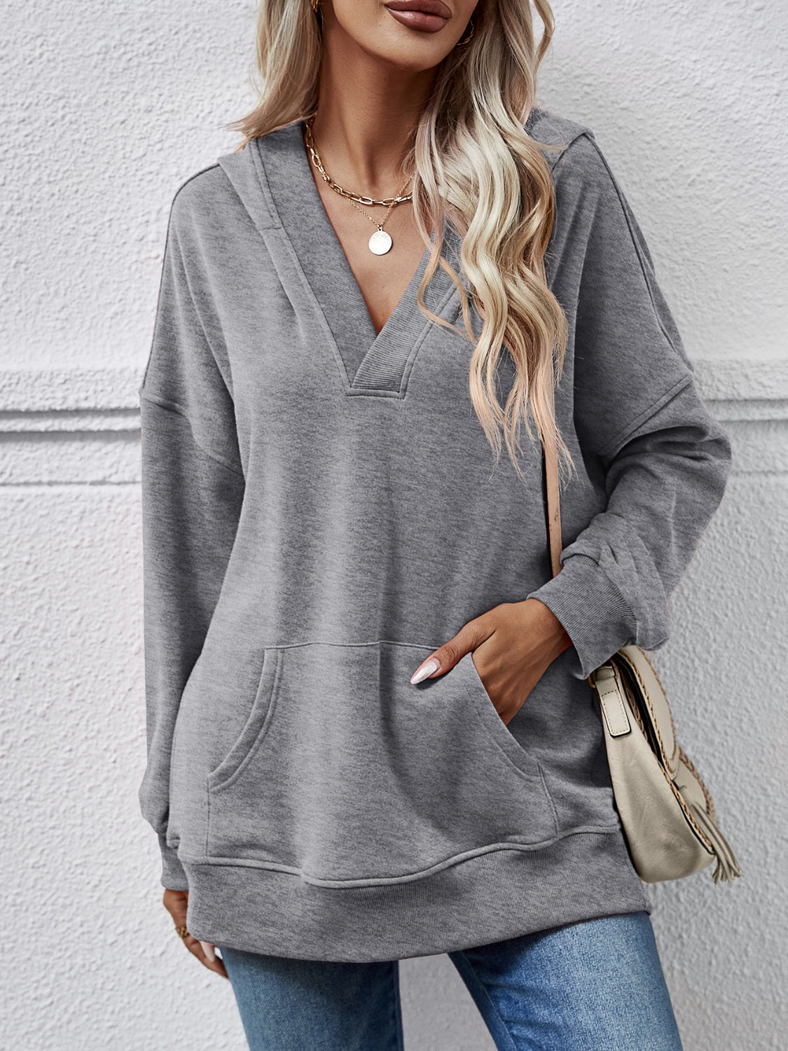 V-Neck Drop Shoulder Long Sleeve Hoodie Charcoal