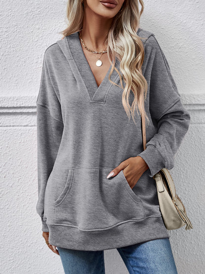 V-Neck Drop Shoulder Long Sleeve Hoodie Charcoal