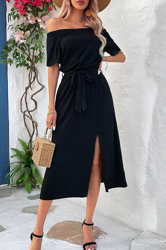 Perfee Tie-Waist Off-Shoulder Split Dress Black