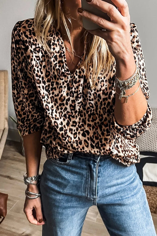 Leopard Notched Half Sleeve Blouse Leopard