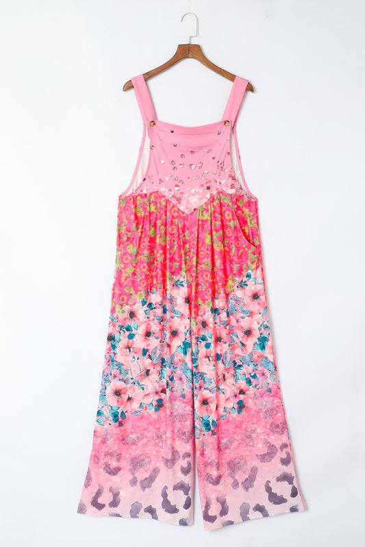Printed Square Neck Wide Strap Jumpsuit Pink