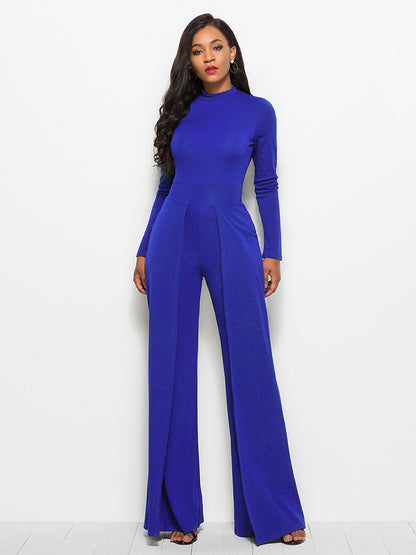 Long Sleeve Mock Neck Wide Leg Jumpsuit Royal Blue