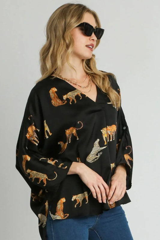 Umgee Full Size High-Low Satin Animal Print V-Neck Blouse Plus Size Black