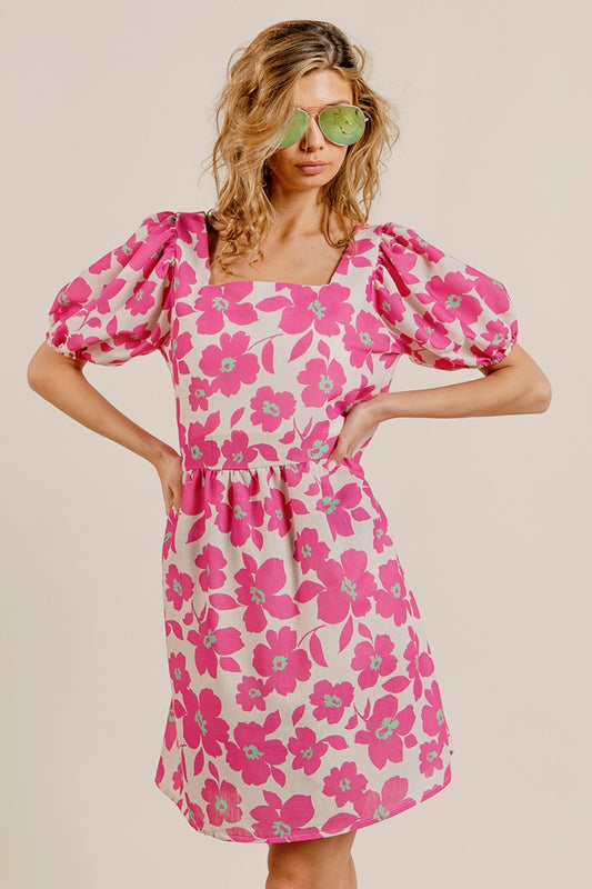 BiBi Printed Square Neck Puff Sleeve Mini Dress Fuchsia Combo