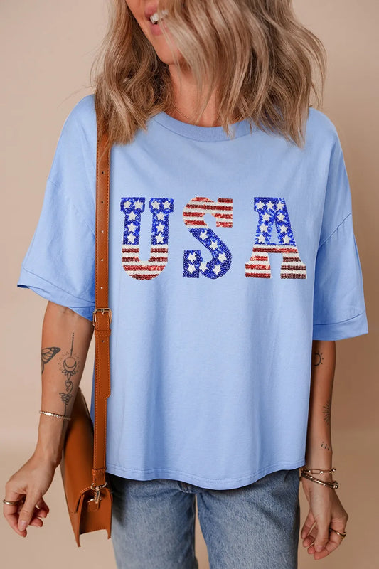 USA Patched Drop Sleeve Crewneck T Shirt Light Blue
