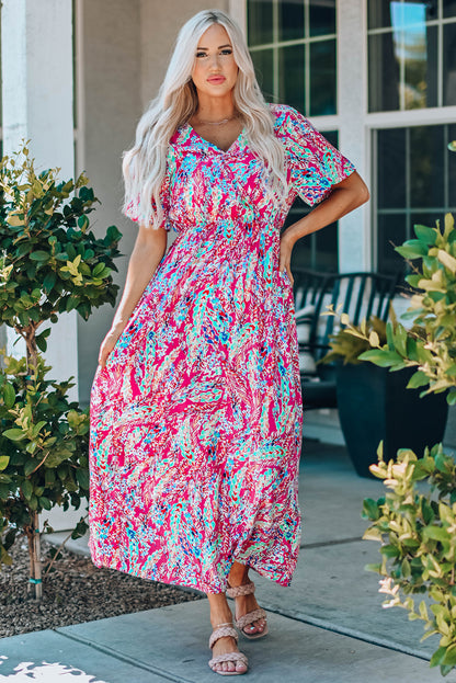 Multicolored V-Neck Maxi Dress Hot Pink