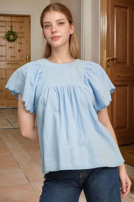 Solid Color Embroidered Scalloped Sleeves Crew Neck Blouse
