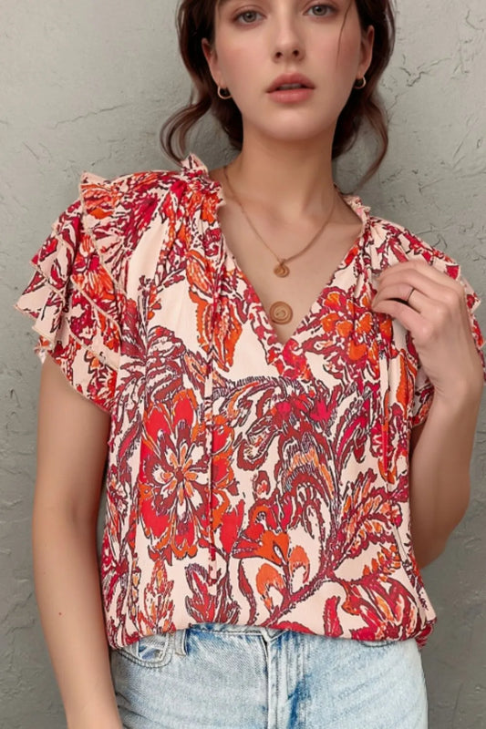 Vintage Floral Ruffle Sleeve V Neck Blouse