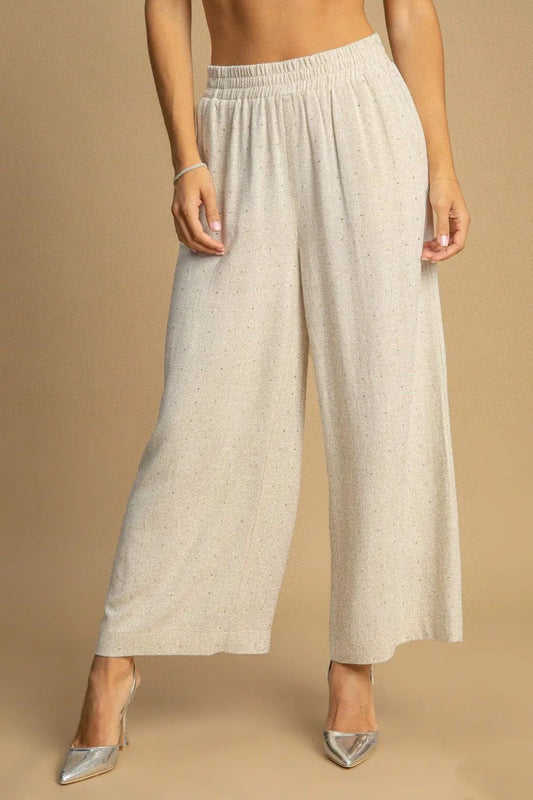 Umgee Full Size High Waisted Embellished Linen Pants Plus Size OATMEAL