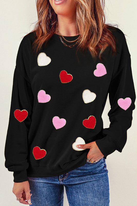 Valentine's Day Contrast Heart Long Sleeve Sweatshirt Black