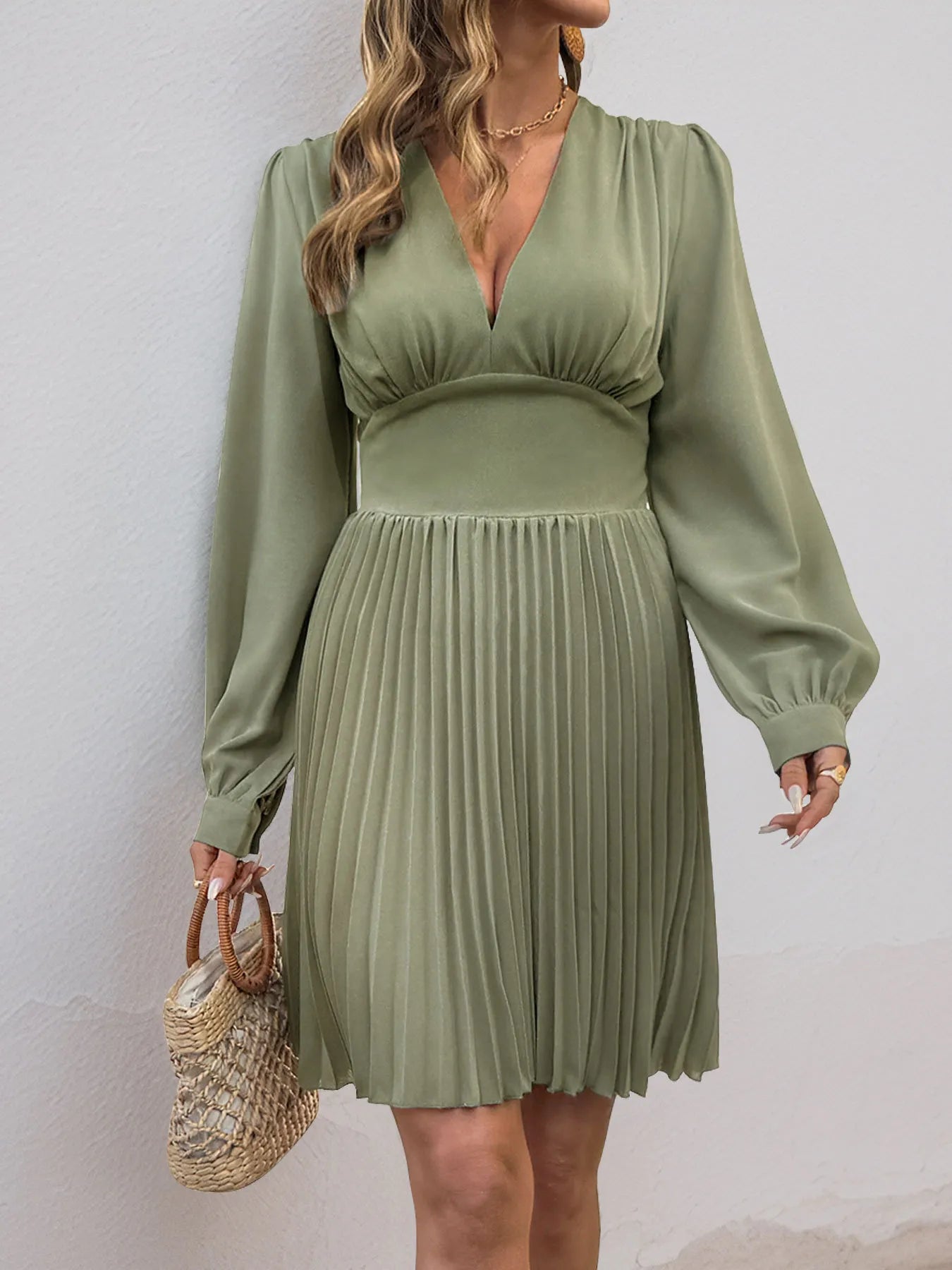 Pleated Long Sleeve V-Neck Dress
