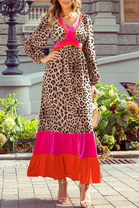 Leopard V-Neck Long Sleeve Maxi Dress Leopard