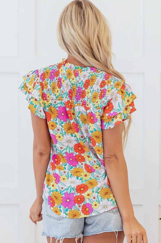 Floral Print Shirred Tiered Ruffled Sleeve Blouse