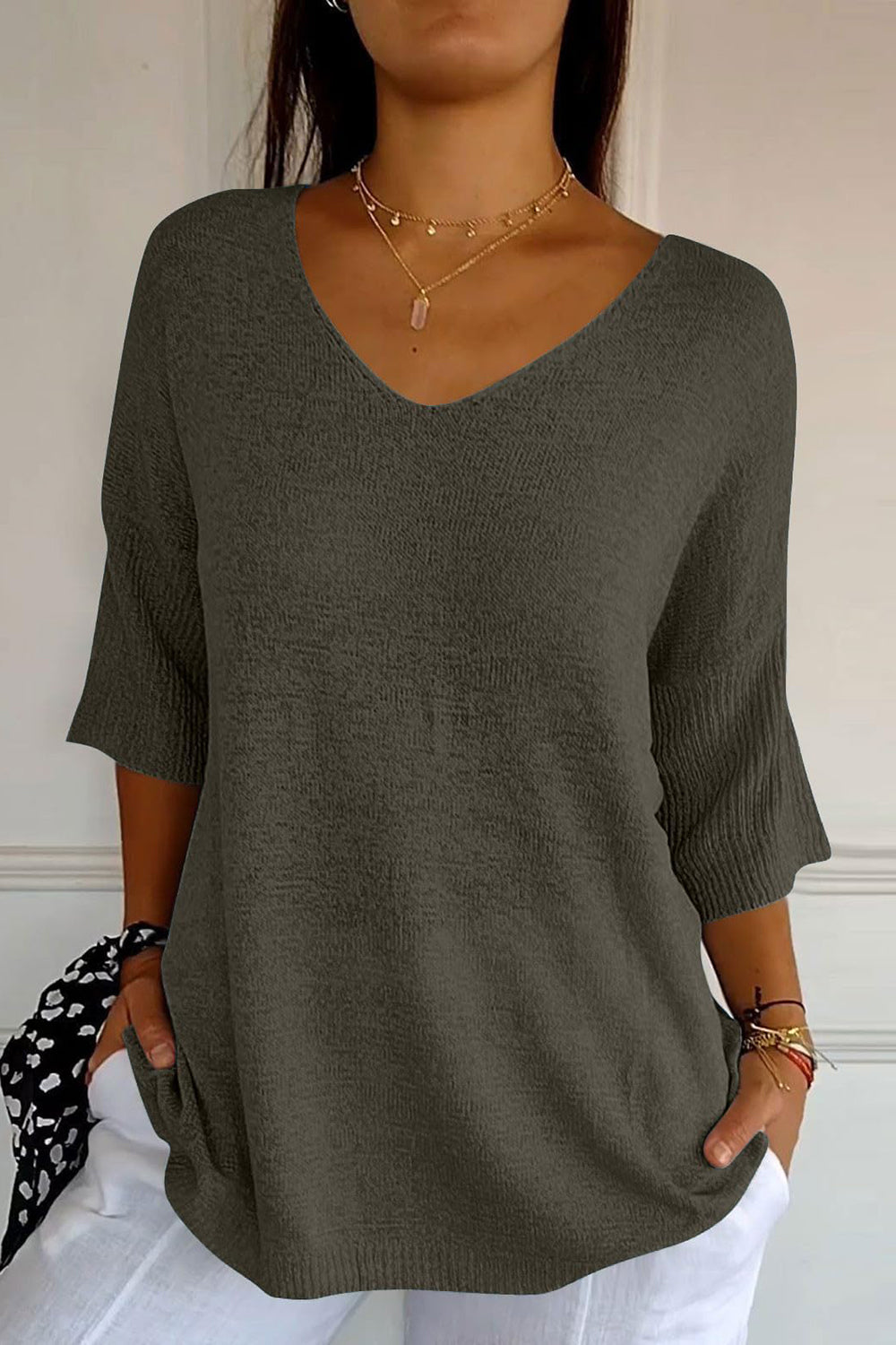 V-Neck Three-Quarter Sleeve Knit Top Dark Gray One Size