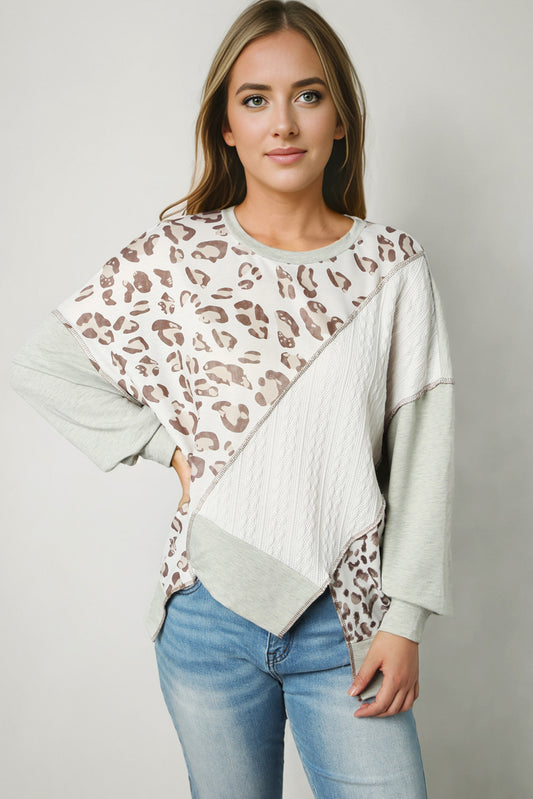 Leopard Exposed Seams Round Neck Sweatshirt Charcoal