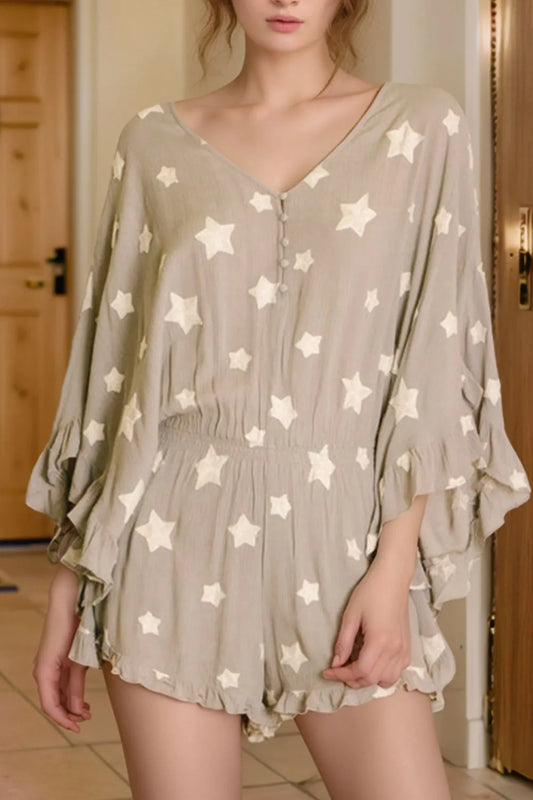 Star Print Crinkle Textured Kimono Ruffle Sleeve Romper Khaki