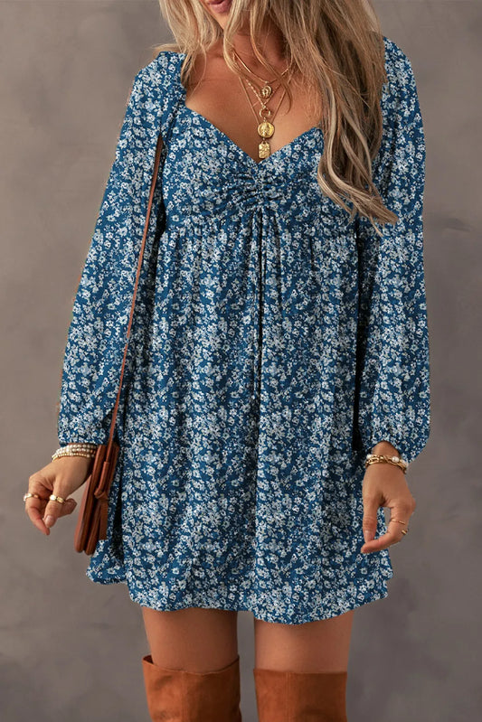 Ruched Printed Long Sleeve Mini Dress Peacock Blue