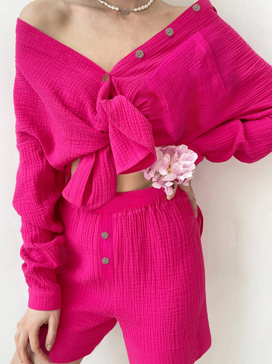 Button Up Dropped Shoulder Top and Shorts Set Hot Pink