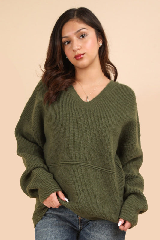 VERY J Seam Detail Drop Shoulder Hooded Sweater Olive