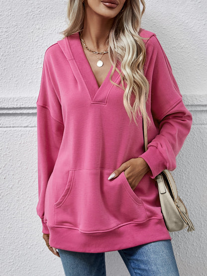 V-Neck Drop Shoulder Long Sleeve Hoodie Cerise