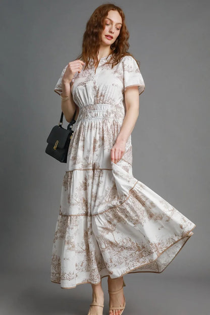 Umgee Full Size Landscape Print Short Sleeve Tiered Maxi Dress Plus Size Camel