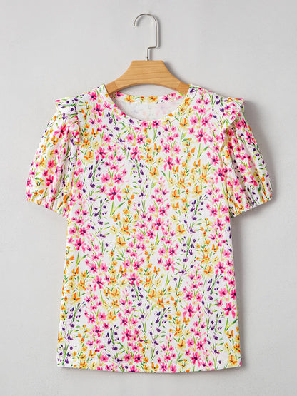 Floral Puff Sleeve Crewneck Blouse