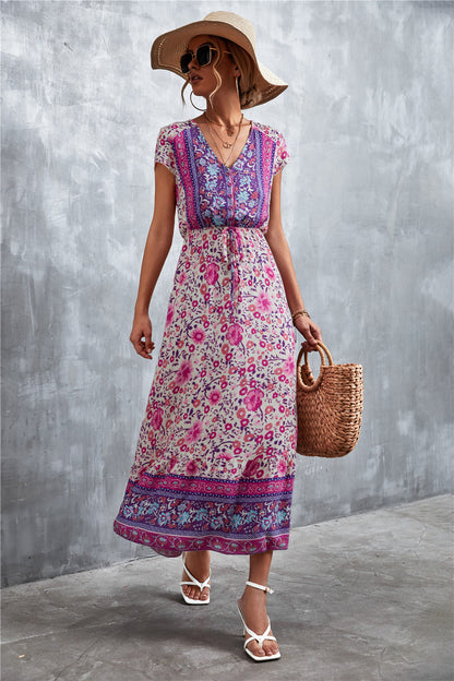 V-Neck Short Sleeve Printed Maxi Dress Purple
