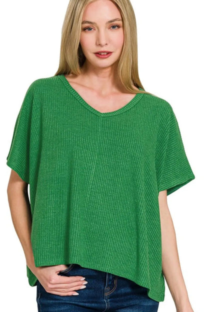 Zenana Ribbed V-Neck Short-Sleeve Knit Top K GREEN