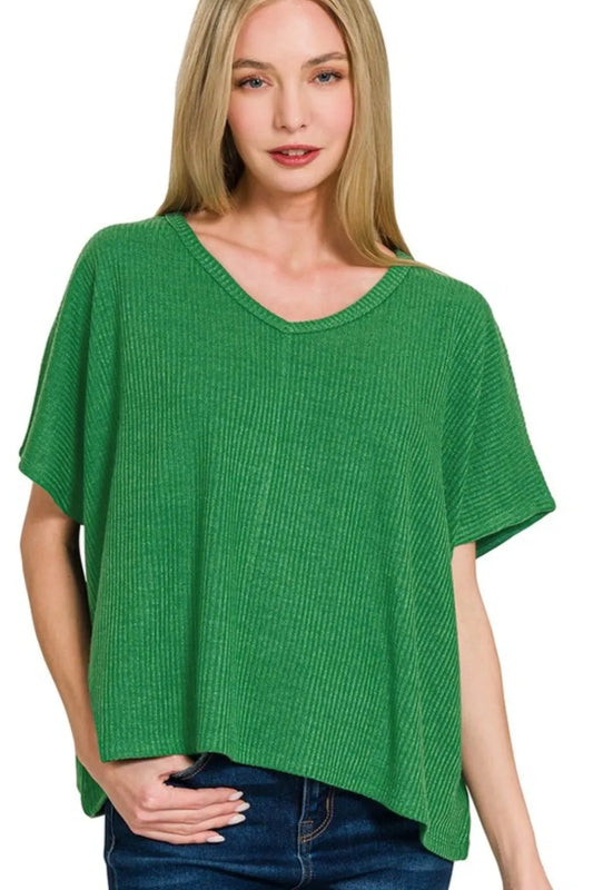 Zenana Ribbed V-Neck Short-Sleeve Knit Top K GREEN