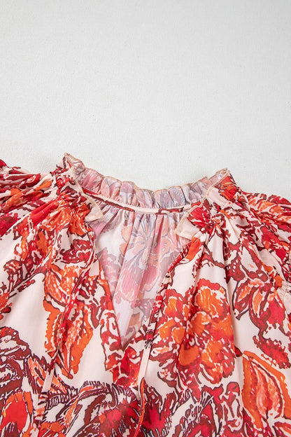 Vintage Floral Ruffle Sleeve V Neck Blouse