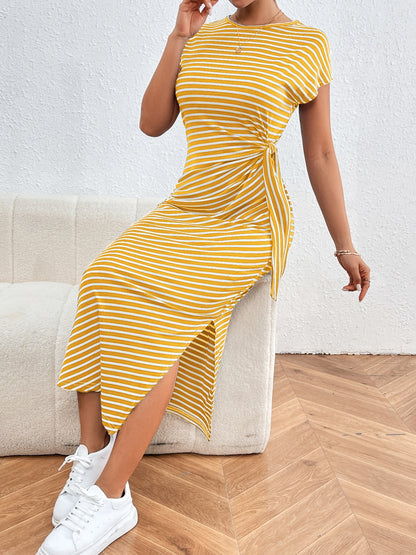Honey Tied Striped Round Neck Short Sleeve Tee Dress Yellow