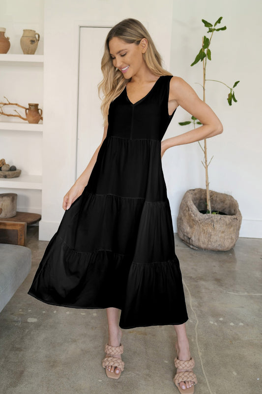 FAM-FAM Tiered V-Neck Sleeveless Dress Black