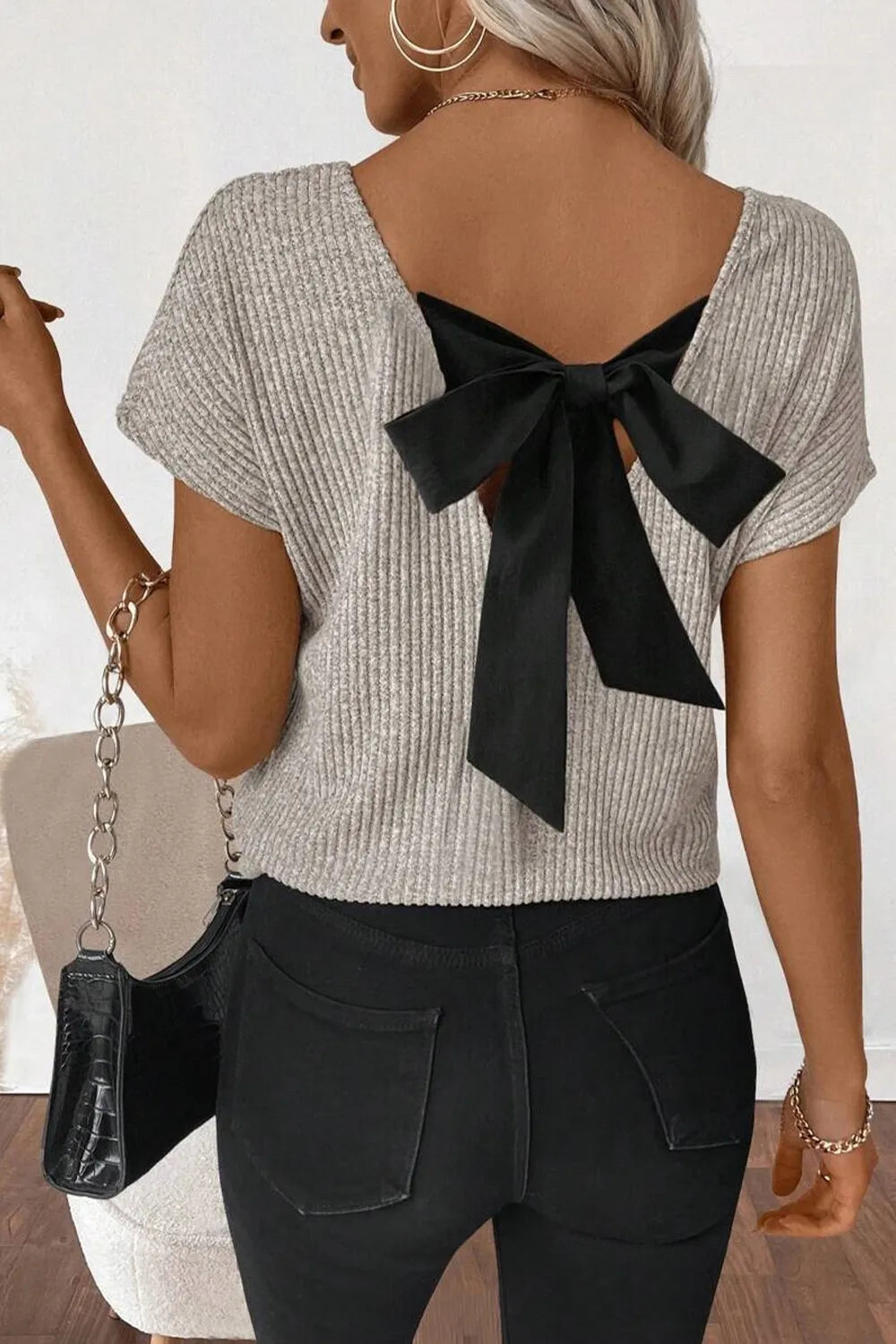 Back Bow Tie Ribbed Knit Top