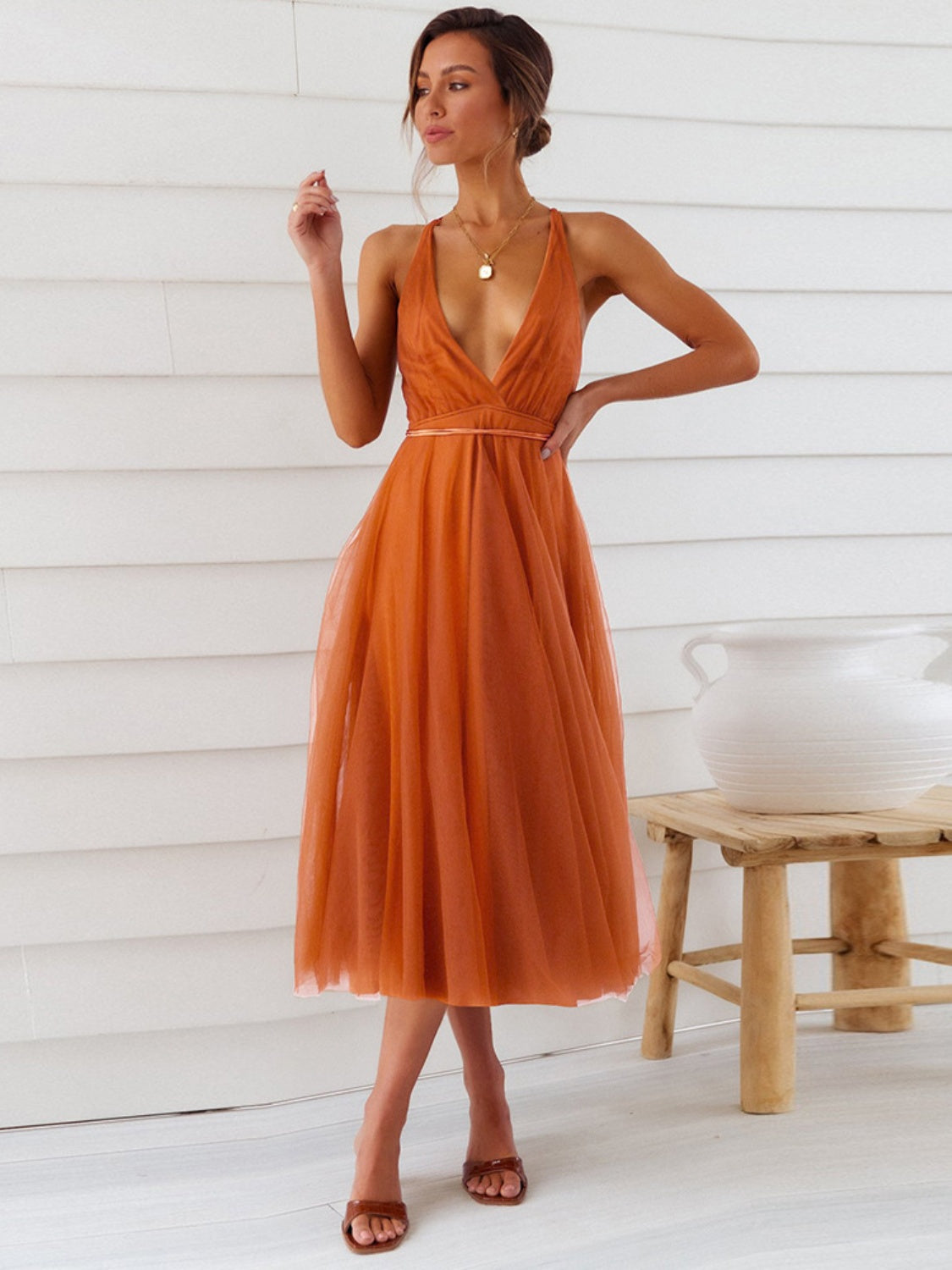 Backless Crisscross Sleeveless Midi Dress Terracotta