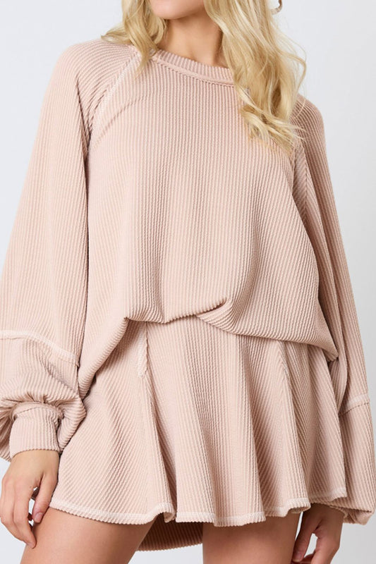 Texture Round Neck Long Sleeve Top and Skirt Set Apricot