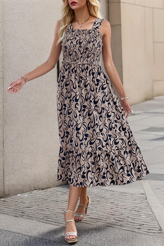 Perfee Smocked Printed Wide Strap Dress Mocha