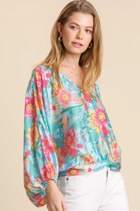 Umgee USA Full Size Floral Print Smocked Back Hem V-Neck Blouse Plus Size Turquoise