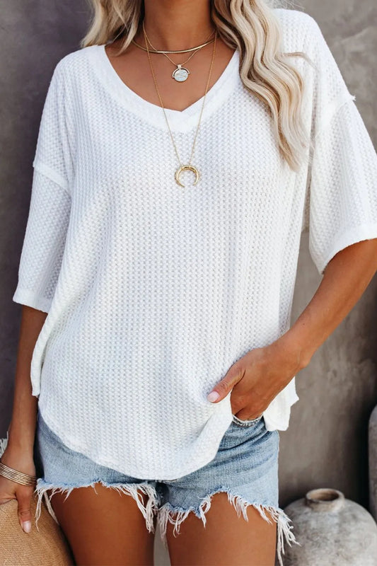Exposed Seam Half Sleeve Knitted V Neck Textured Top White