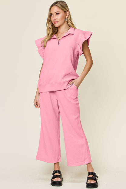 Double Take Texture Ruffle Short Sleeve Top and Drawstring Wide Leg Pants Set Pink