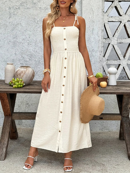 Smocked Button Front Tie Shoulder Dress Cream